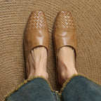 Pair of tan/brown genuine leather mules, woven toe design, slip-on low heel