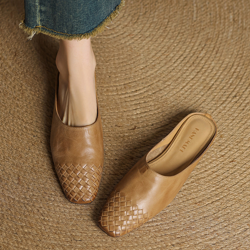 Tan/brown woven leather mules, pointed toe, flat low heel, side view
