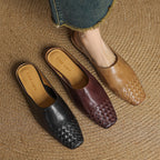 Leather mules set: black and burgundy woven uppers, pointed toe, low heel, slip-on