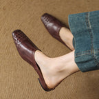 Burgundy genuine leather mules with woven check pattern, pointed toe, low heel