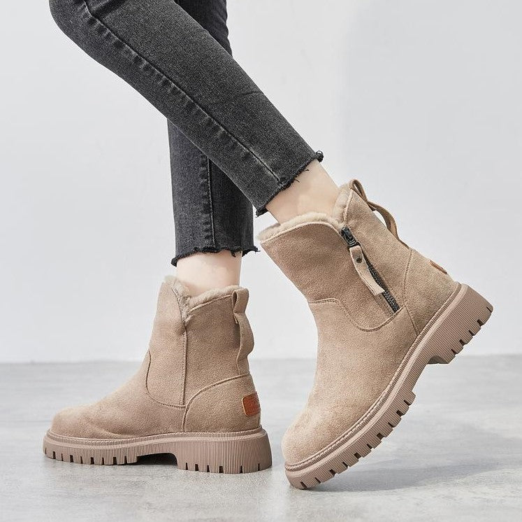 Beige suede ankle winter boots with faux-fur collar, side zipper, treaded sole