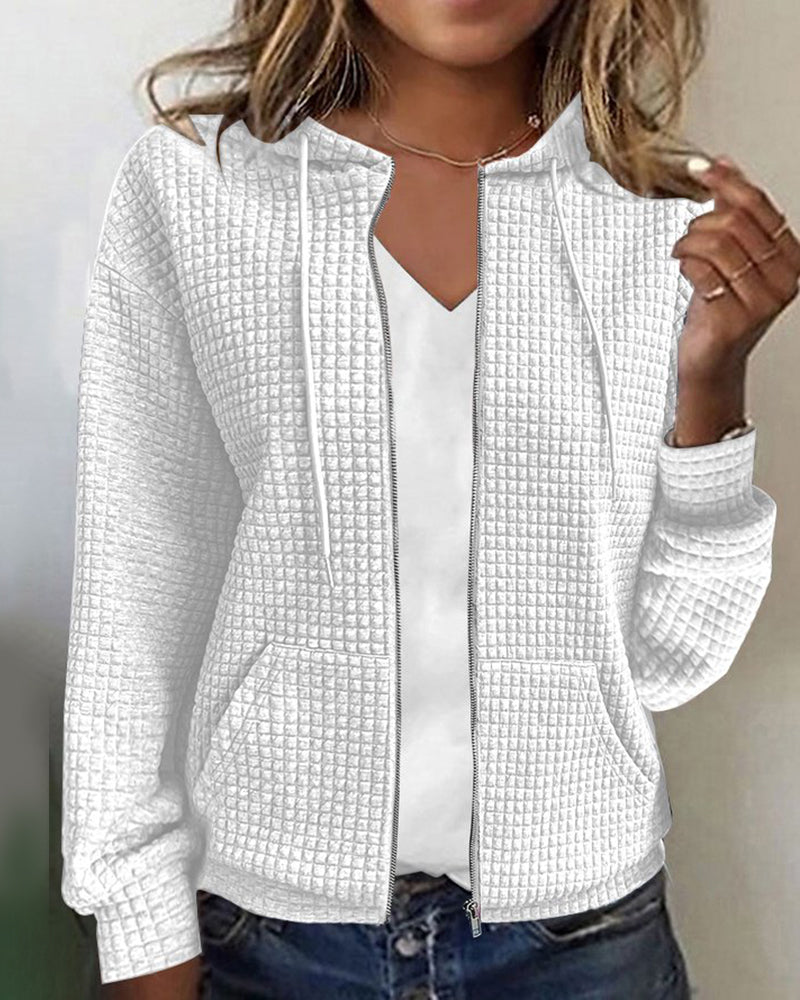 White textured zip-up long-sleeve hoodie with front pockets and high collar