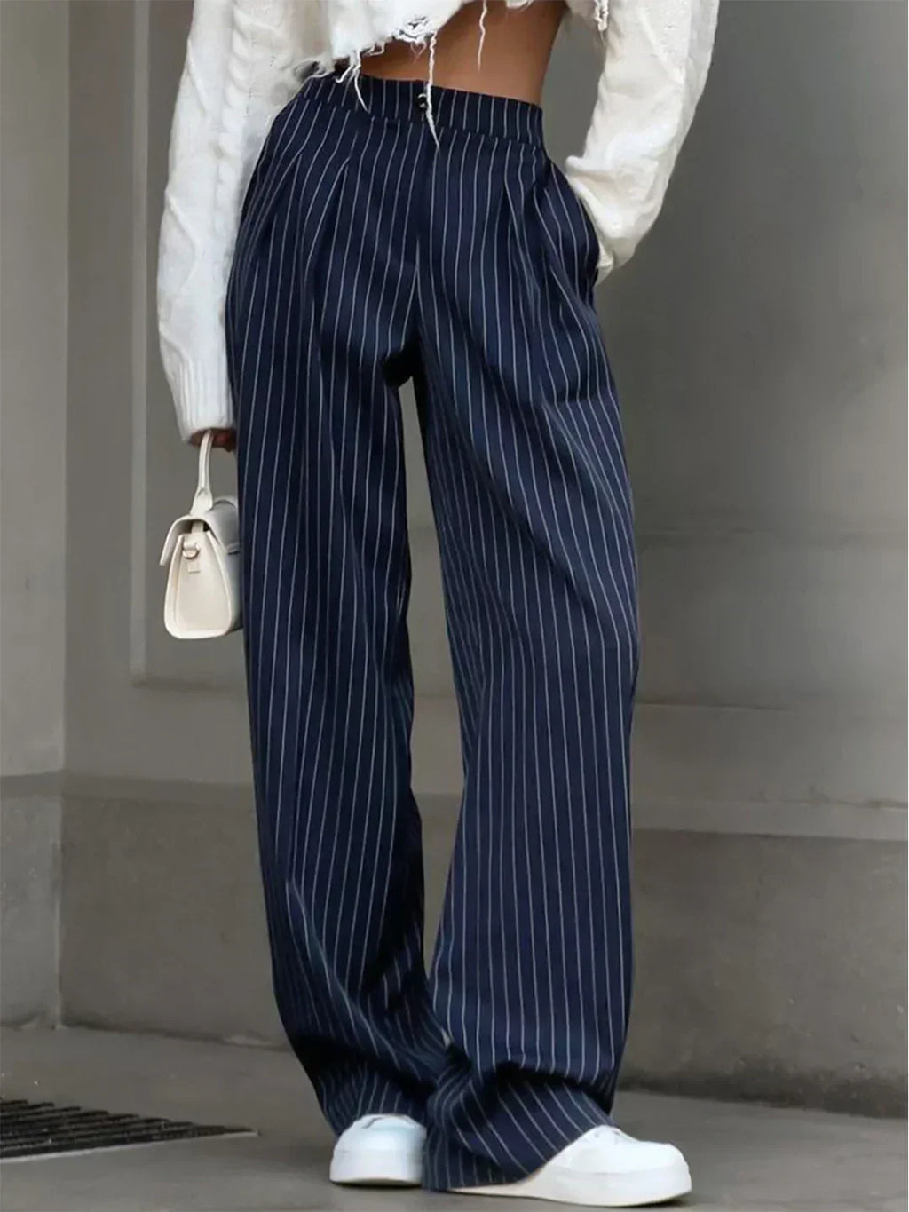 Women’s wide-leg high-rise trousers, dark navy pinstripe pattern