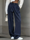 Women’s wide-leg high-rise trousers, dark navy pinstripe pattern