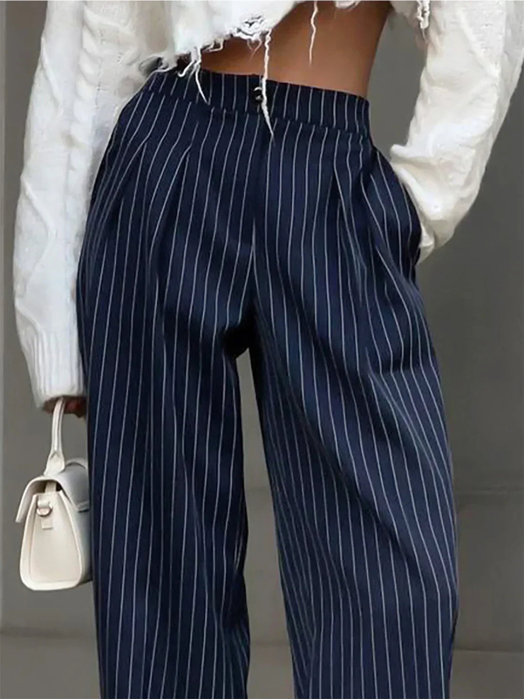 Women’s wide-leg high-rise trousers in dark navy with vertical pinstripes