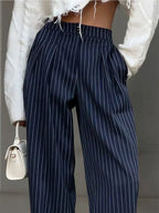 Women’s wide-leg high-rise trousers in dark navy with vertical pinstripes