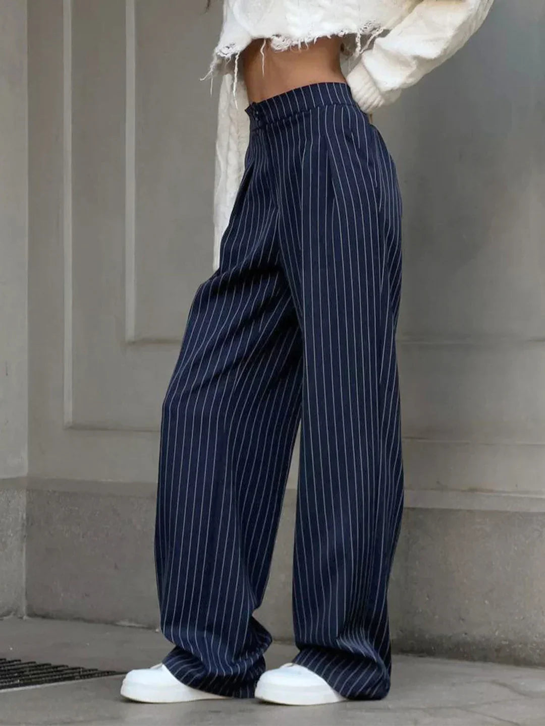Women’s wide-leg high-rise trousers with navy pinstripe front pleat