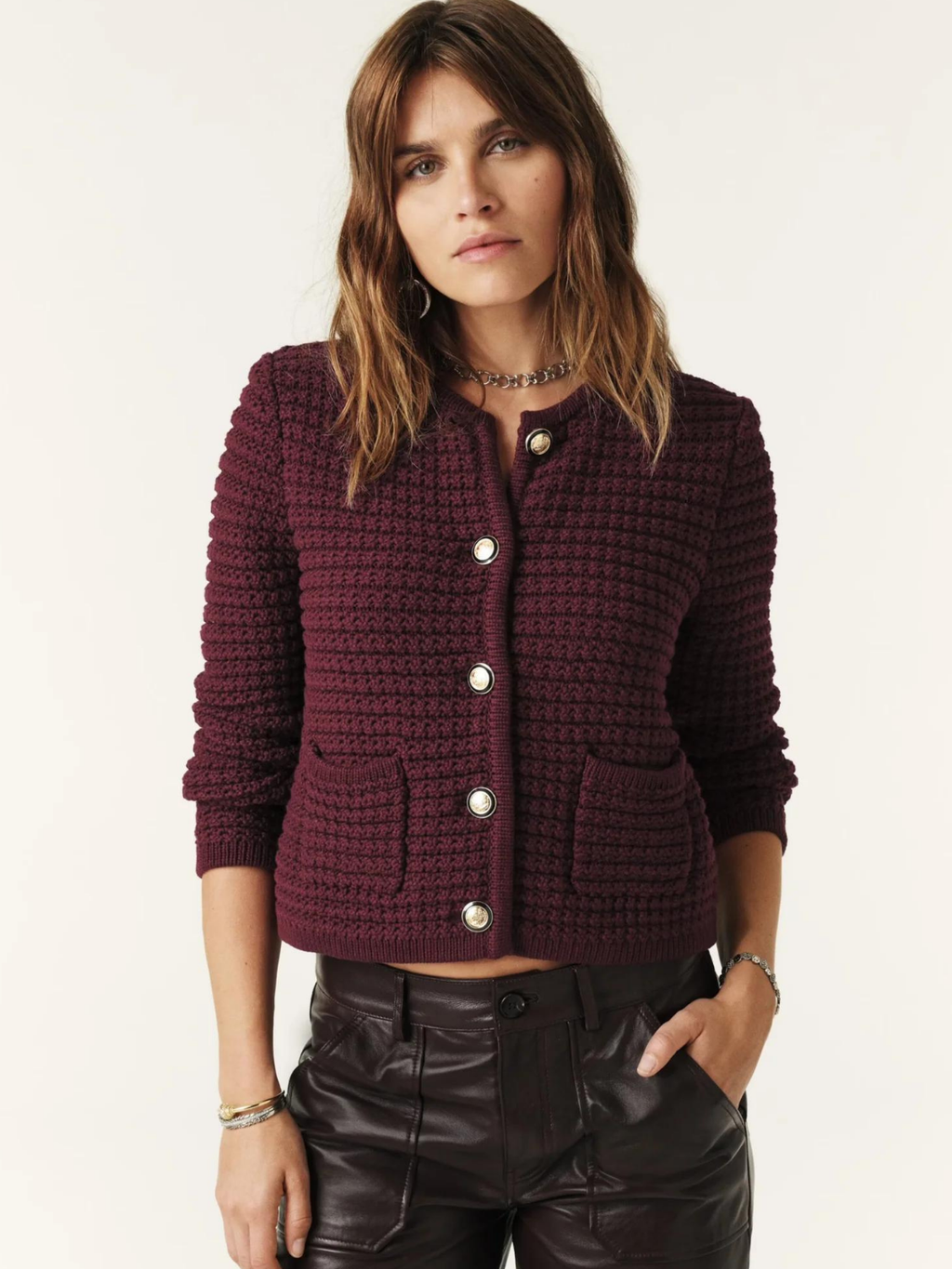 Rica burgundy button-front knit cardigan with stand collar and patch pockets