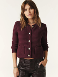Rica burgundy button-front knit cardigan with stand collar and patch pockets