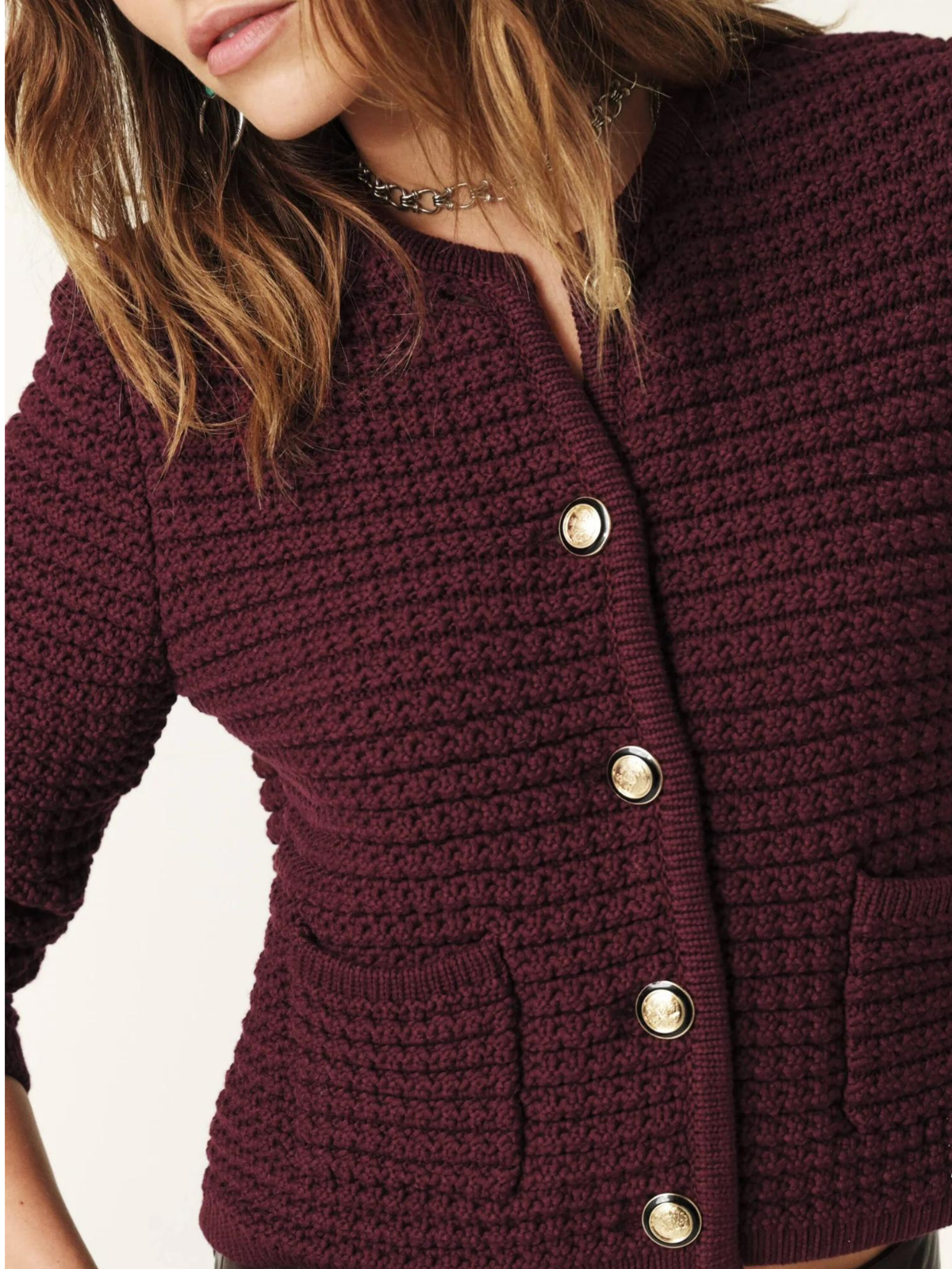 Rica burgundy button-front knit cardigan with gold-tone buttons and patch pockets
