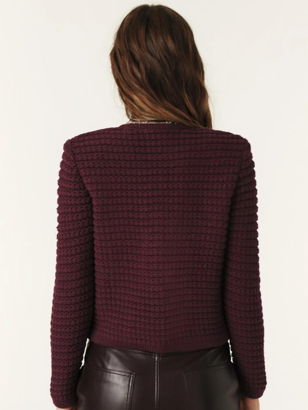 Rica burgundy button-front knit cardigan, back view with ribbed cuffs and hem
