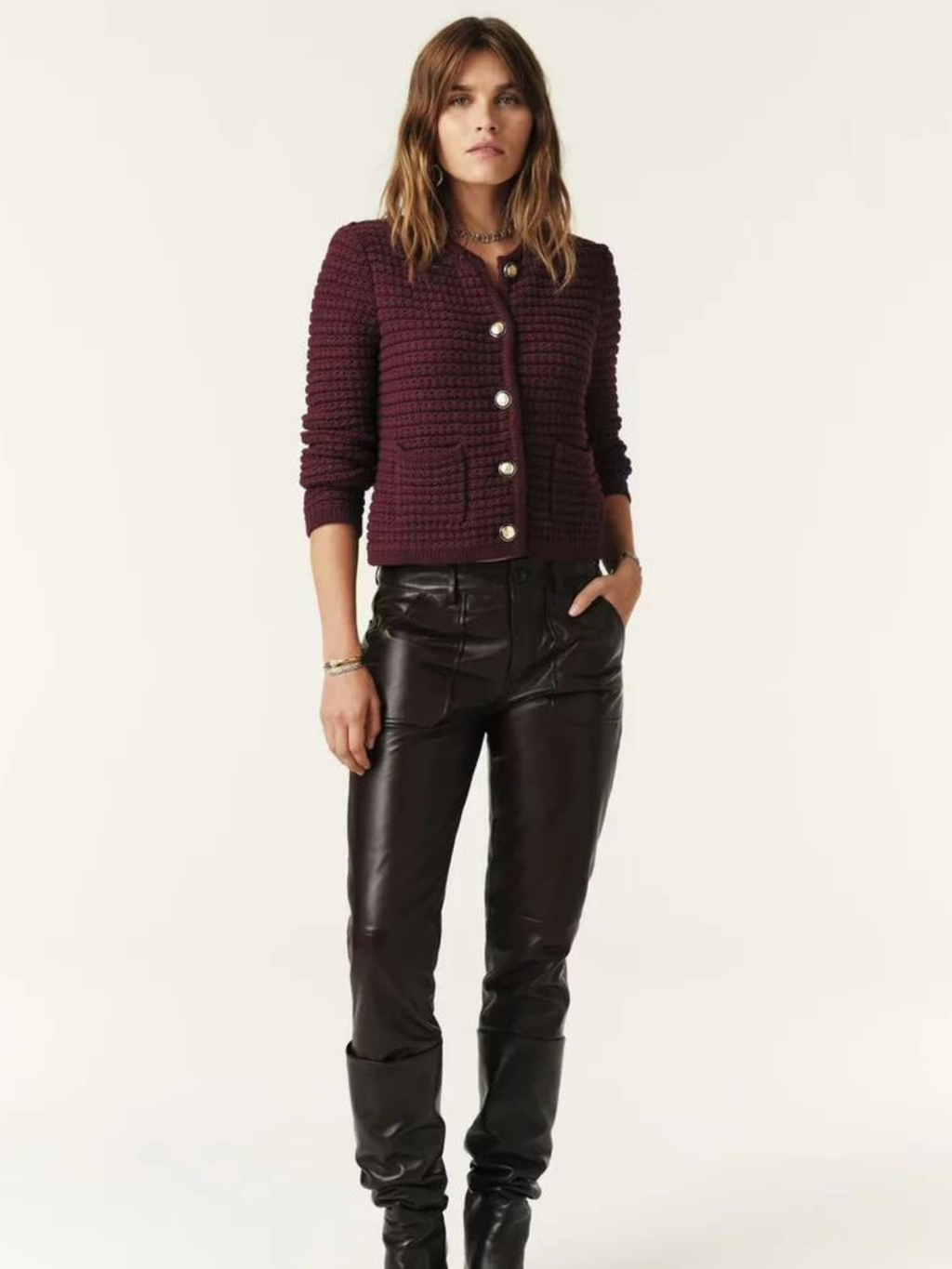 Rica burgundy button-front knit cardigan with front buttons and three-quarter sleeves