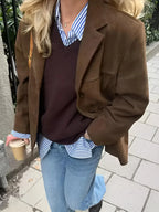 Women's brown suede-look button jacket, open front with flap pockets and sleeve seam detail