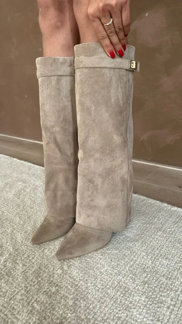 Beige suede tall heeled boots with gold buckle; front view showing shaft height.
