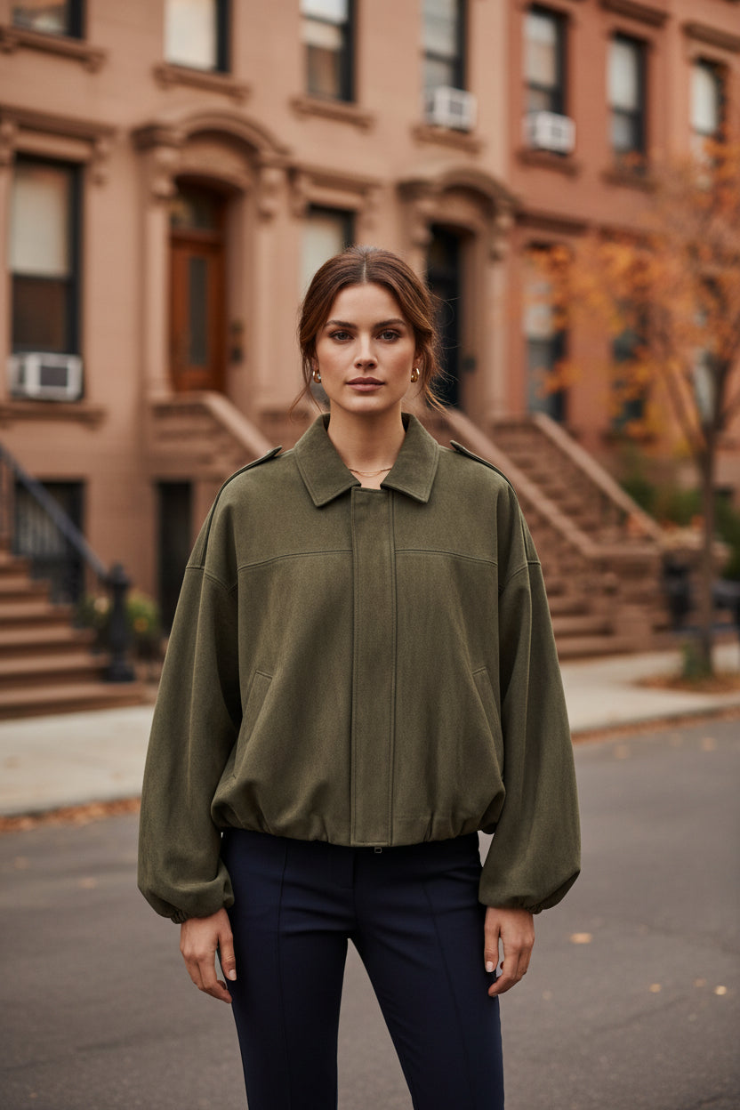 Olive green relaxed utility jacket with shirt collar and button-front placket