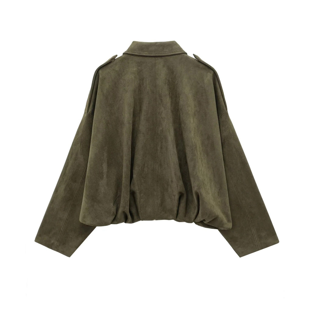 Olive green relaxed utility jacket, back view with dropped shoulder silhouette