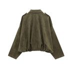 Olive green relaxed utility jacket, back view with dropped shoulder silhouette