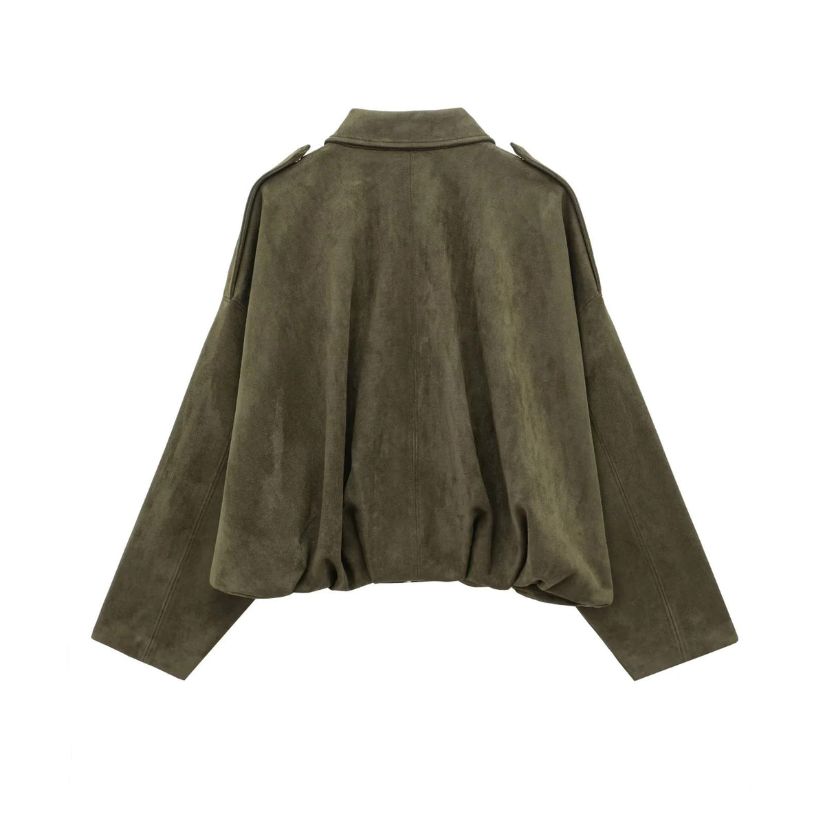 Olive green relaxed utility jacket, back view with dropped shoulder silhouette
