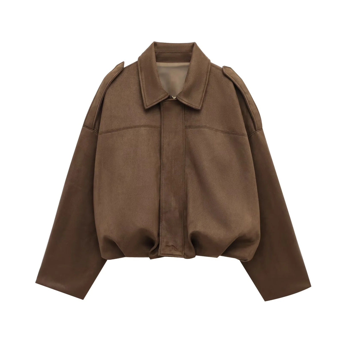 Brown relaxed utility jacket with shirt collar and long sleeves