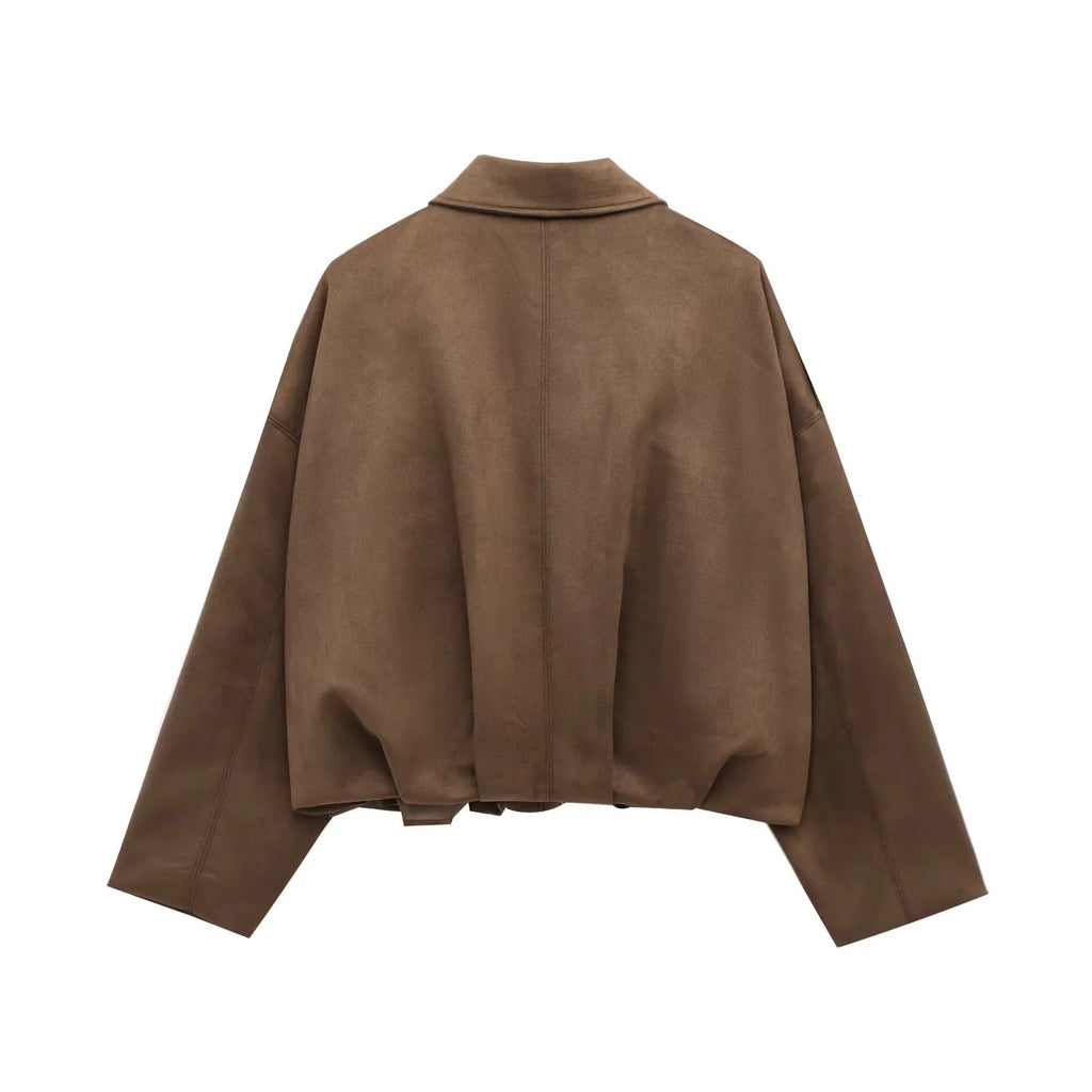 Brown relaxed utility jacket with shirt collar, back view