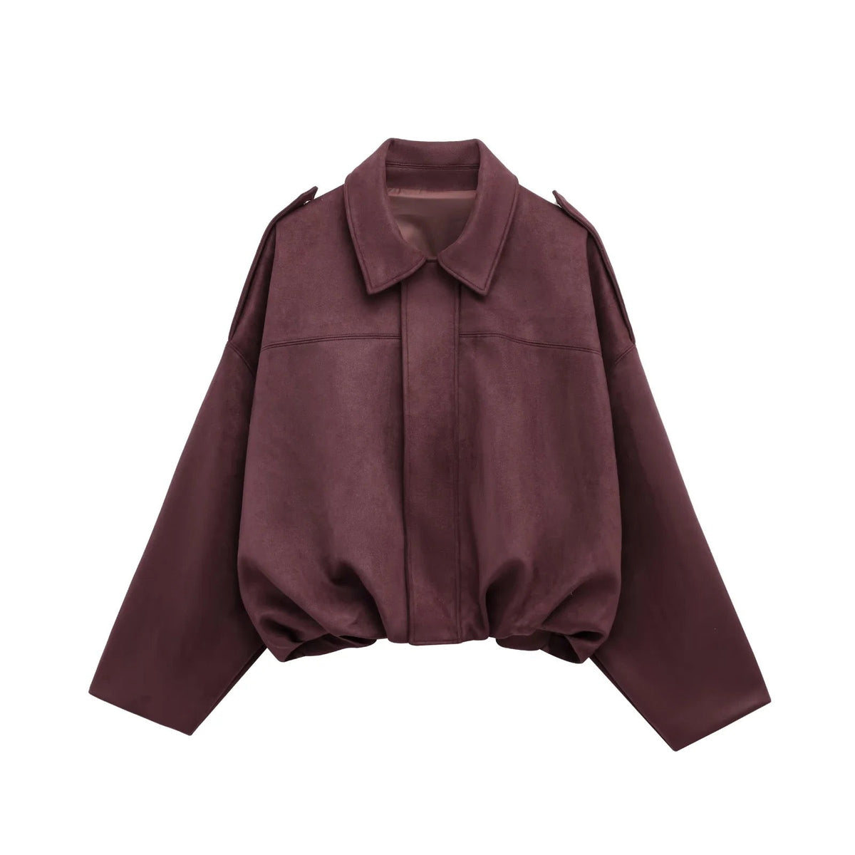 Wine red relaxed utility jacket with shirt collar and button-front placket