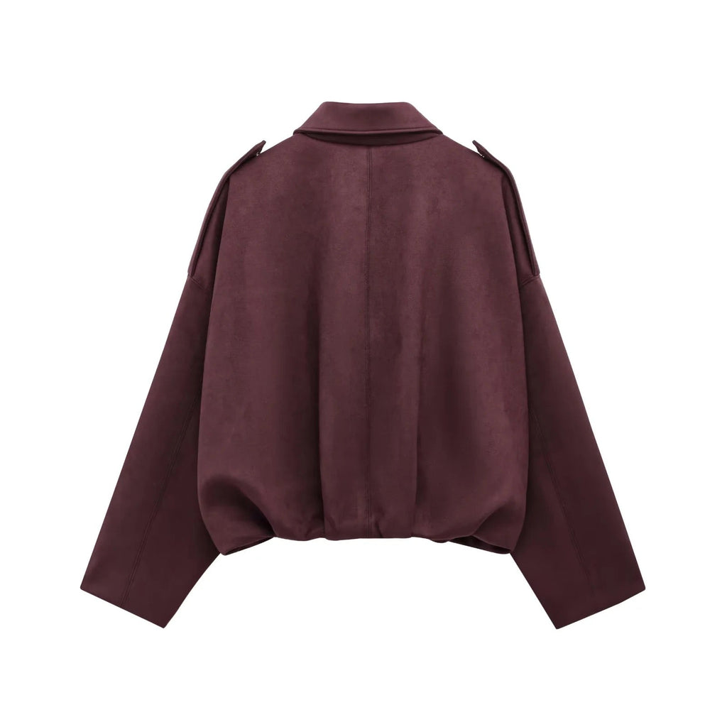 Wine red relaxed utility jacket, back view with wide dropped shoulders