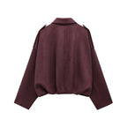 Wine red relaxed utility jacket, back view with wide dropped shoulders
