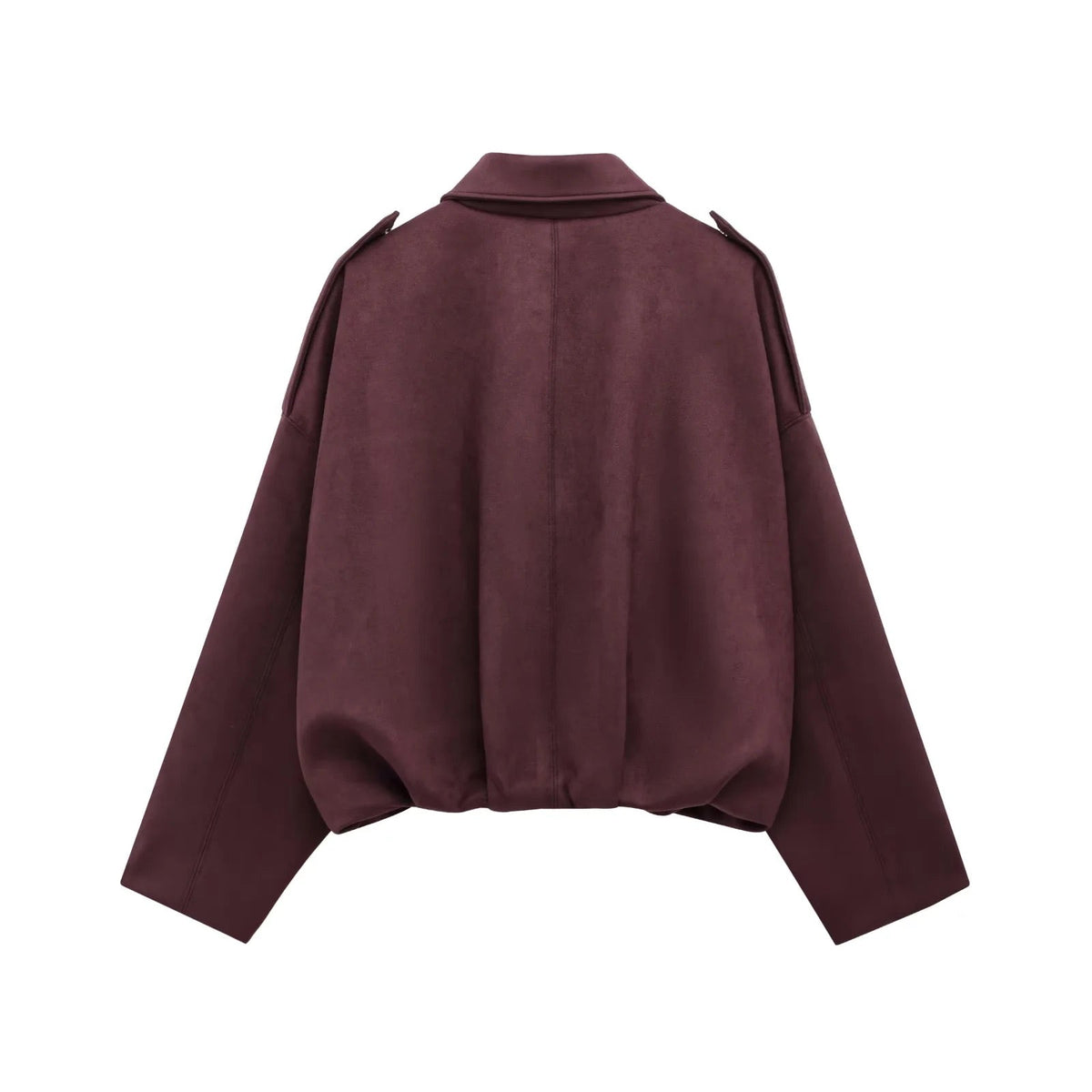 Wine red relaxed utility jacket, back view with wide dropped shoulders