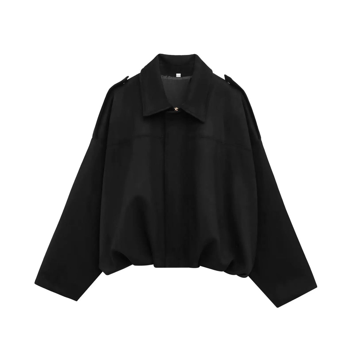 Black relaxed utility jacket with shirt collar and long sleeves