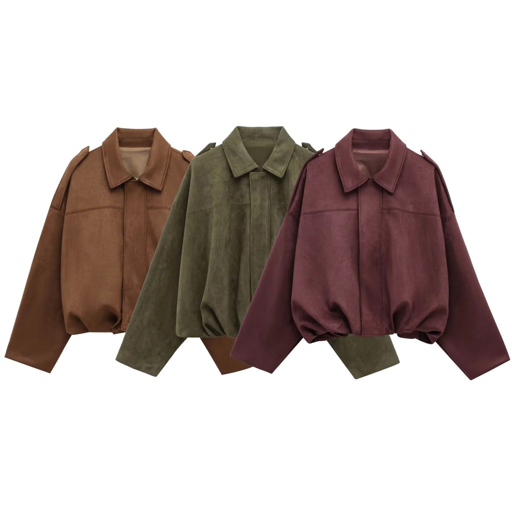 Relaxed utility jackets in brown, olive green, and wine red, collared front views