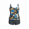 Plus size printed tankini set in dark gray with colorful tropical floral top and shorts