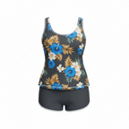 Plus size printed tankini set in dark gray with colorful tropical floral top and shorts