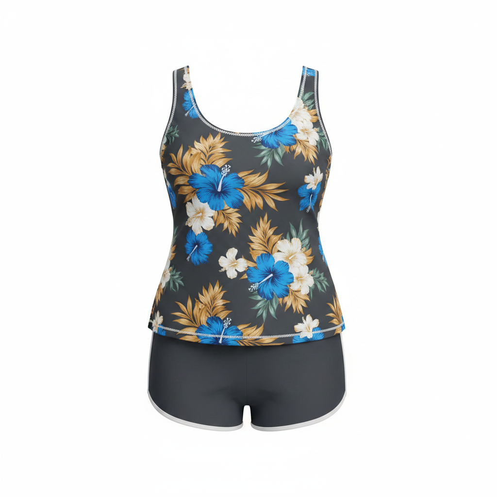 Plus size printed tankini set in dark gray with colorful tropical floral top and shorts