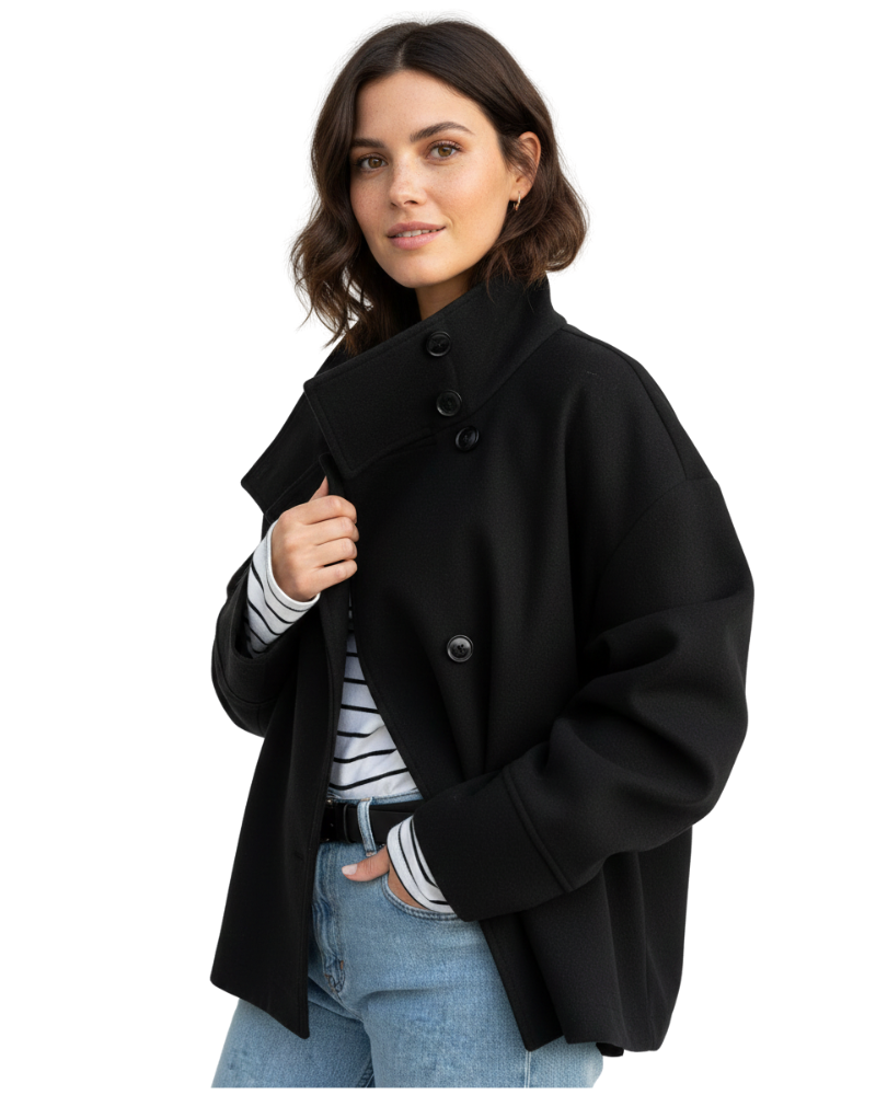 Women’s short jacket with stand collar, button front, black