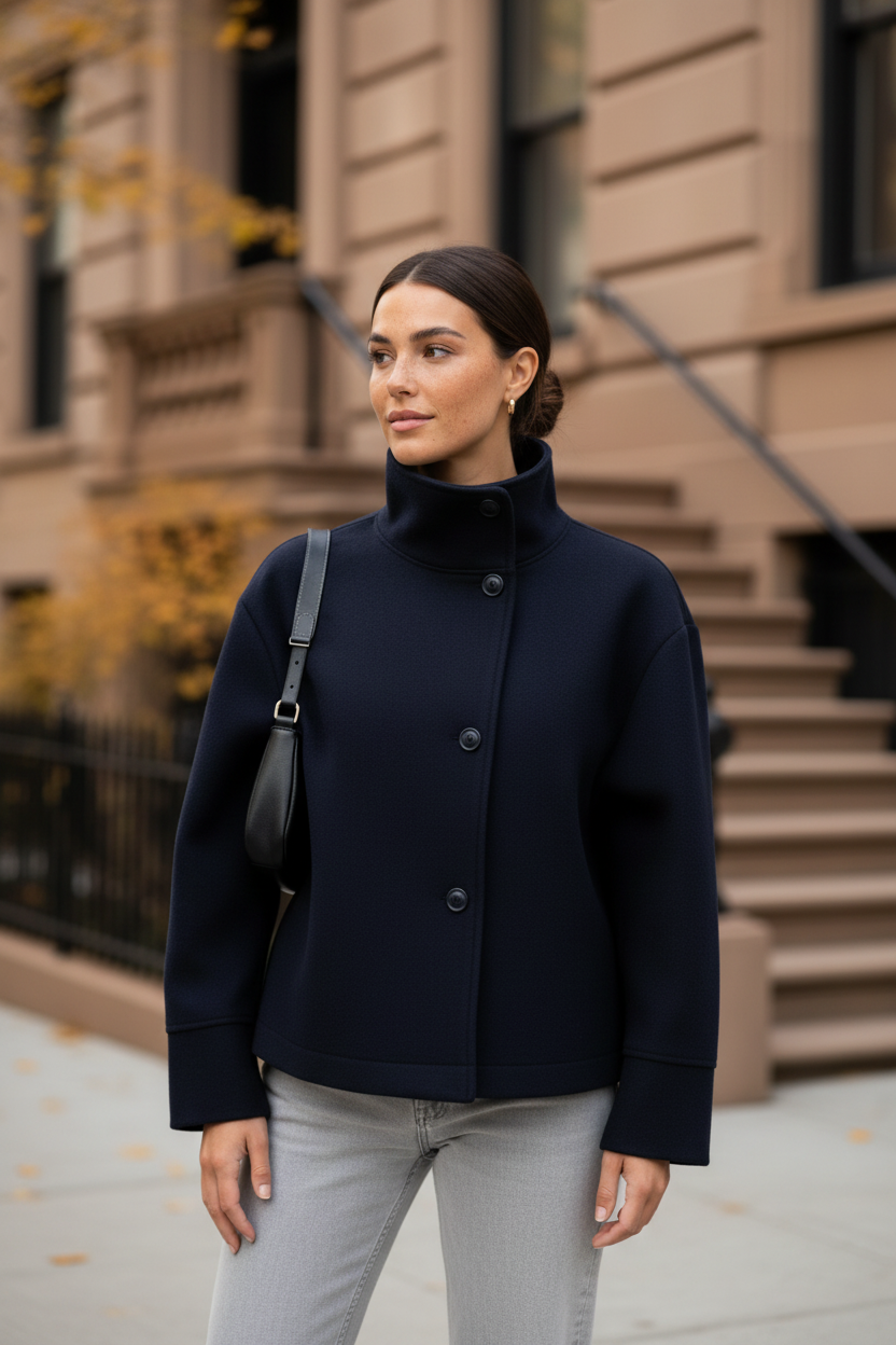 Women’s short jacket with stand collar, button front, dark navy