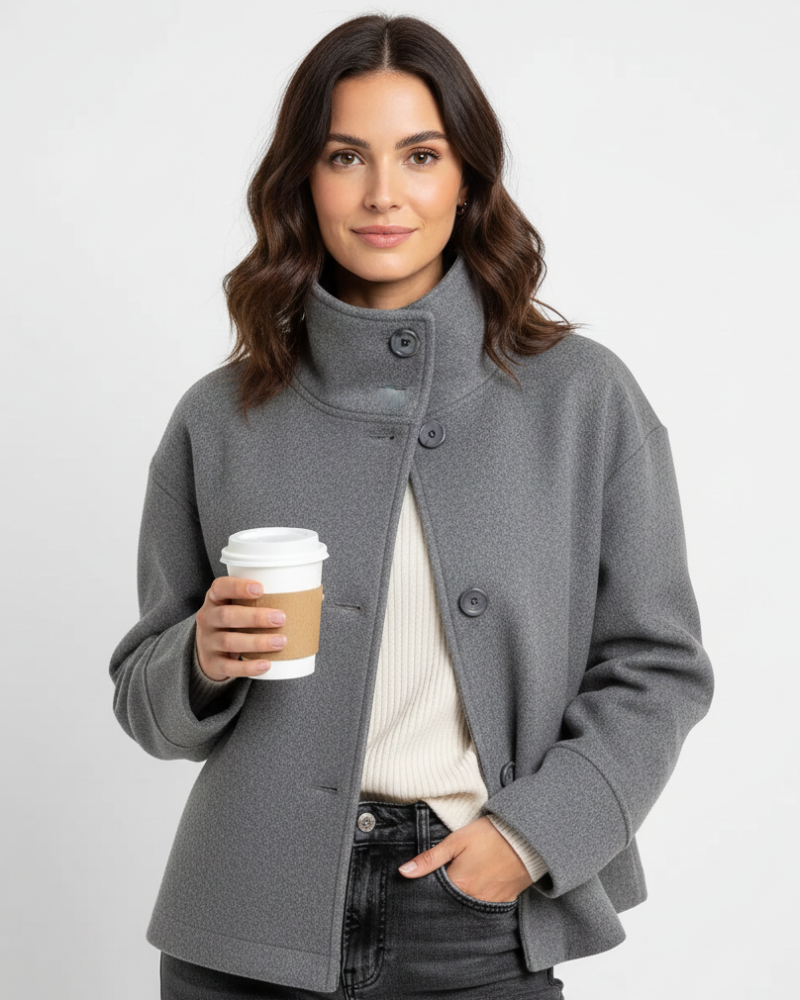 Women’s short jacket with stand collar, button front, heather grey