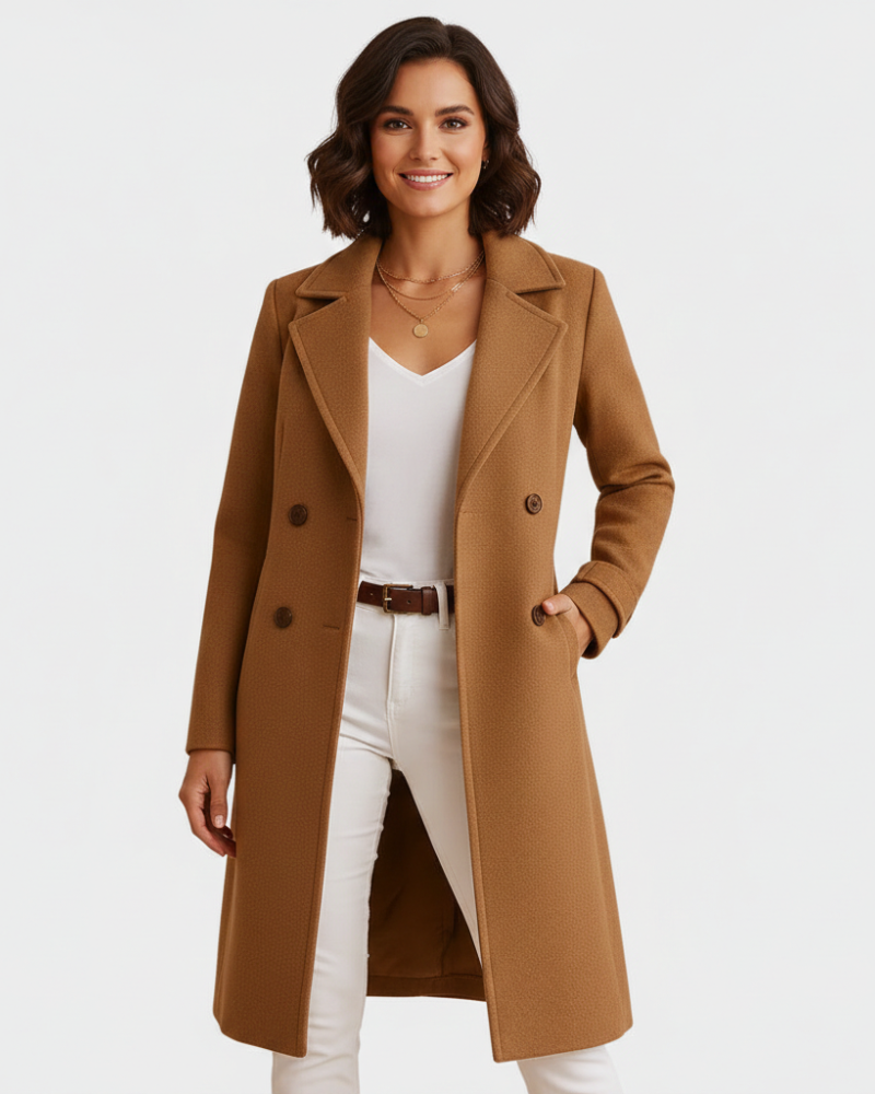 Women's long wool coat, brown with notched lapel and button front