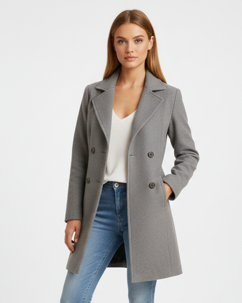 Women's long wool coat, grey with notched lapel and button front