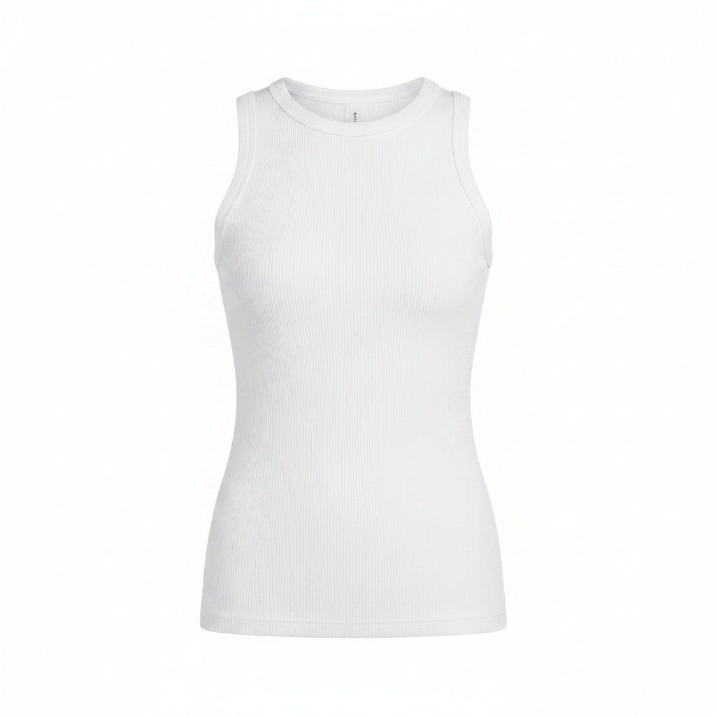 White basic tank top with round neckline and fitted ruched waist