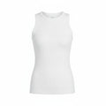 White basic tank top with round neckline and fitted ruched waist