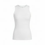 White basic tank top with round neckline and fitted ruched waist