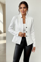 White textured blazer with notch collar and button front, long sleeves