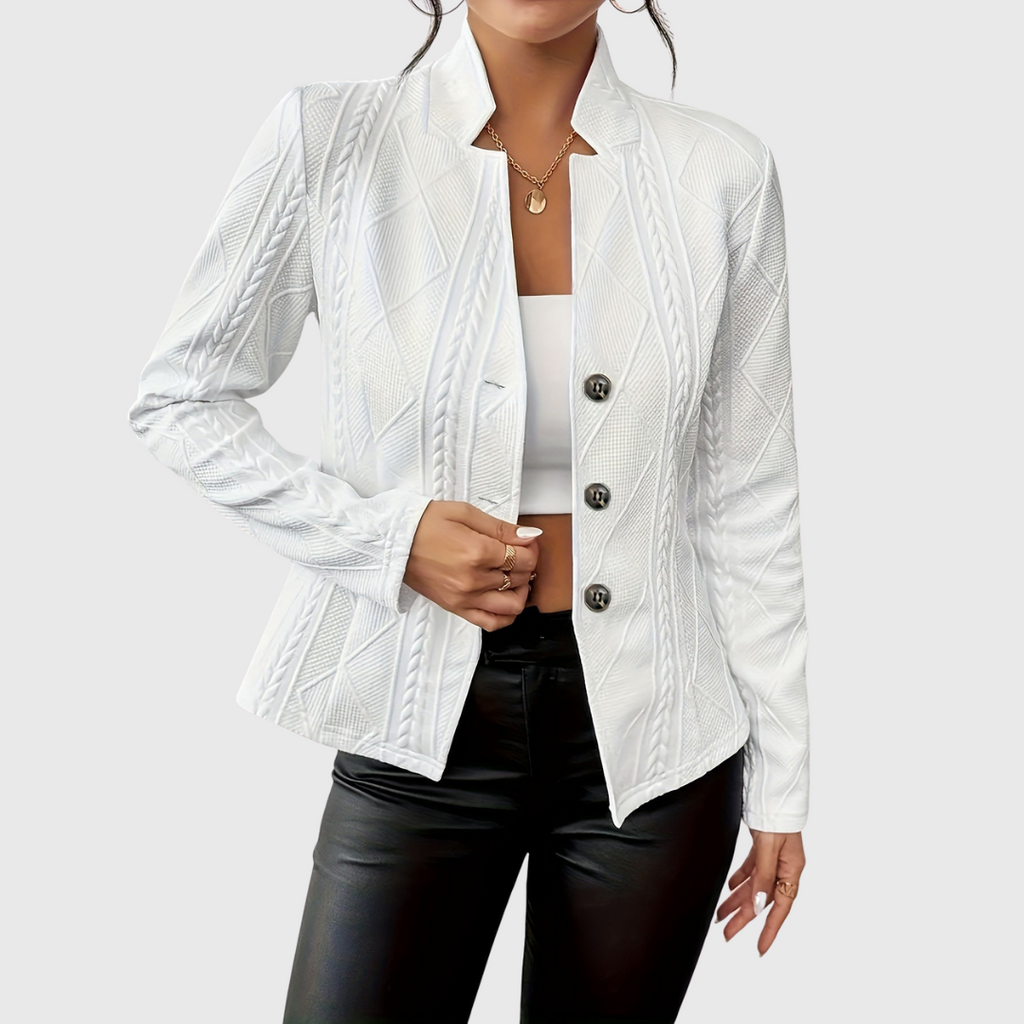 White textured blazer with open lapels and button front, long sleeves