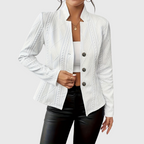 White textured blazer with open lapels and button front, long sleeves