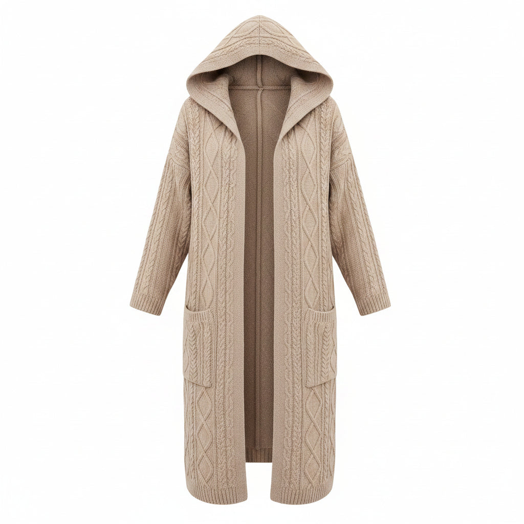 Light beige hooded long cardigan with cable-knit texture and front patch pockets