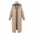 Light beige hooded long cardigan with cable-knit texture and front patch pockets