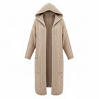 Light beige hooded long cardigan with cable-knit texture and front patch pockets