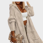 Light beige hooded long cardigan with textured knit pattern and full-length sleeves