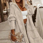 Light beige hooded long cardigan with diagonal knit pattern and side patch pockets