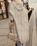 Light beige hooded long cardigan coat with textured diamond knit and patch pockets